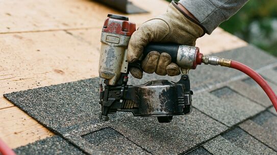 Roofer fastening new asphalt shingles with a nail gun