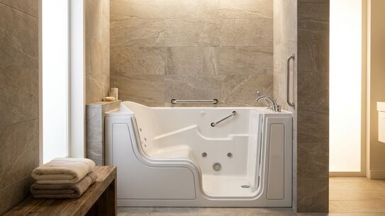 Walk-in tub with a built-in seat, water jets and grab bars in a tiled bathroom