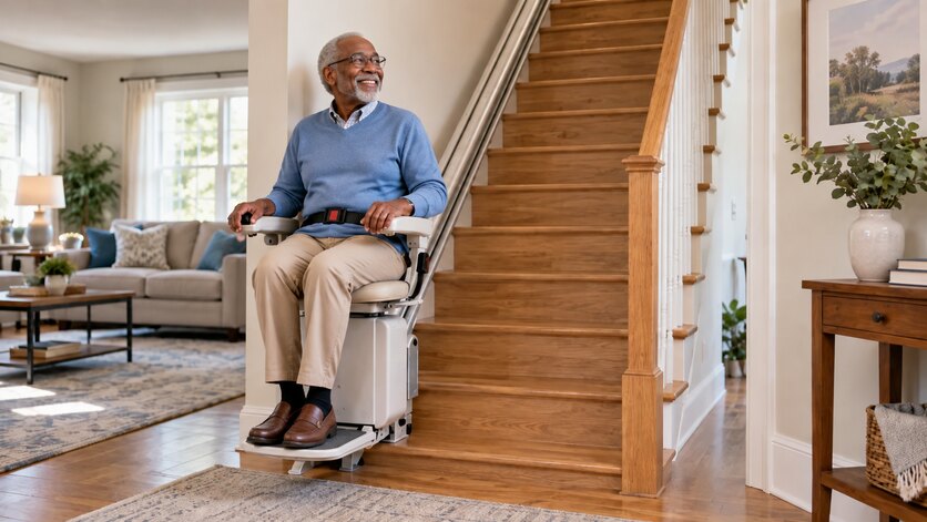 Older man using a stairlift in a bright home